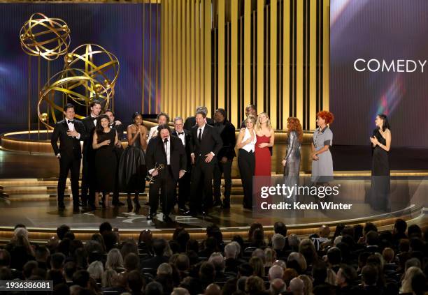 Matty Matheson, cast, and crew of “The Bear” accept the Outstanding Comedy Series award onstage during the 75th Primetime Emmy Awards at Peacock...