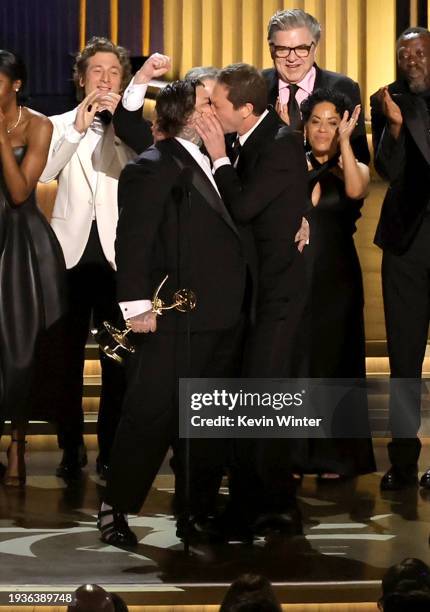 Matty Matheson and Ebon Moss-Bachrach accept the Outstanding Comedy Series award for “The Bear” onstage during the 75th Primetime Emmy Awards at...