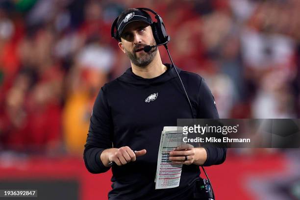 Head coach Nick Sirianni of the Philadelphia Eagles reacts against the Tampa Bay Buccaneers during the fourth quarter in the NFC Wild Card Playoffs...