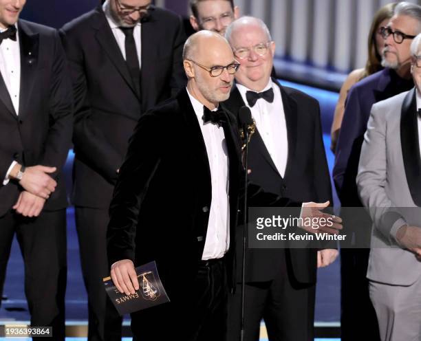 Jesse Armstrong accepts the Outstanding Drama Series award for “Succession” onstage during the 75th Primetime Emmy Awards at Peacock Theater on...