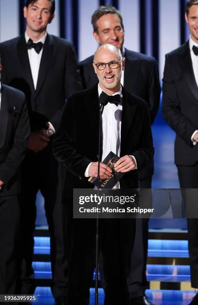 Jesse Armstrong accepts the Outstanding Drama Series award for “Succession” onstage during the 75th Primetime Emmy Awards at Peacock Theater on...