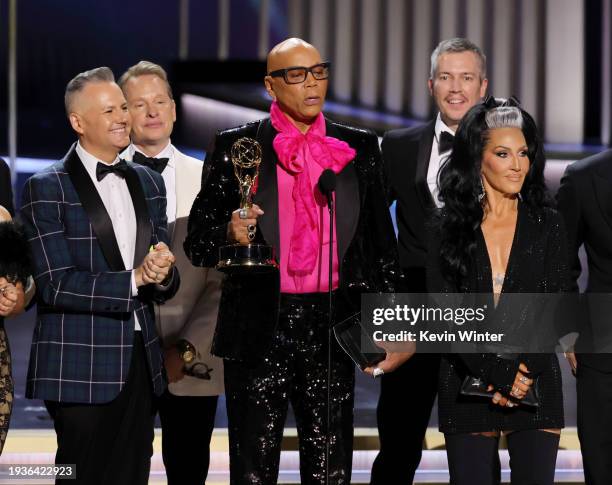 Ross Mathews, Carson Kressley, RuPaul and Michelle Visage accept the Outstanding Reality Competition Program award for "RuPaul's Drag Race" onstage...