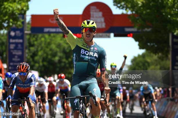 Sam Welsford of Australia and Team BORA - Hansgrohe celebrates at finish line as stage winner during the 24th Santos Tour Down Under 2024, Stage 1 a...