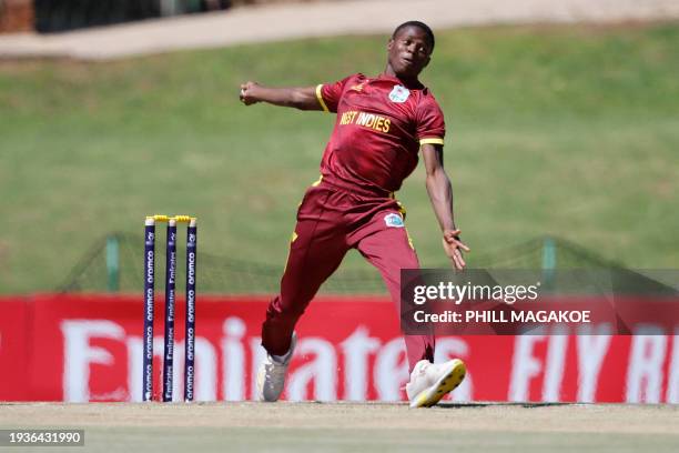 West Indies' Deshwan James delivers a ball during the ICC Under-19 Men's Cricket World Cup match between South Africa and West Indies at Senwes Park...