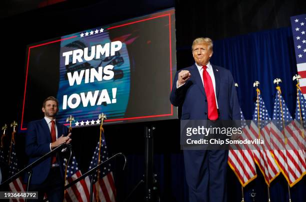 Former President Donald Trump speaks at his caucus night event at the Iowa Events Center on January 15, 2024 in Des Moines, Iowa. Iowans voted today...