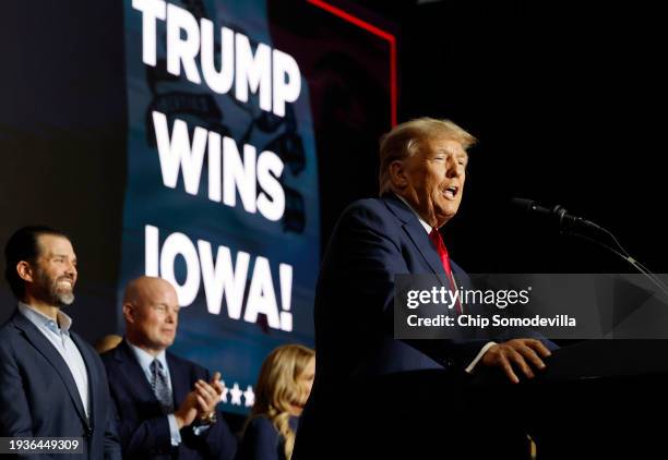 Former President Donald Trump speaks at his caucus night event at the Iowa Events Center on January 15, 2024 in Des Moines, Iowa. Iowans voted today...