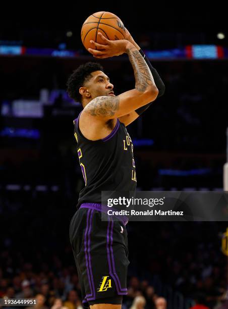 Christian Wood of the Los Angeles Lakers takes a shot against the Oklahoma City Thunder in the first half at Crypto.com Arena on January 15, 2024 in...