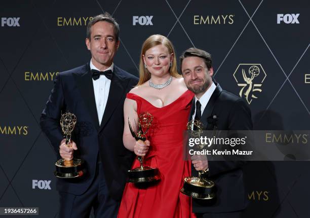 Matthew Macfadyen, winner of Best Supporting Actor in a Drama Series, Sarah Snook, winner of Best Actress in a Drama Series, and Kieran Culkin,...