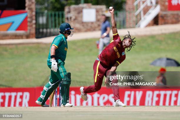 West Indies' Isai Thorne delivers a ball during the ICC Under-19 Men's Cricket World Cup match between South Africa and West Indies at Senwes Park in...