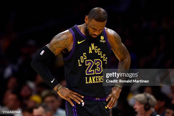 LeBron James of the Los Angeles Lakers during play against the Oklahoma City Thunder in the first half at Crypto.com Arena on January 15, 2024 in Los...