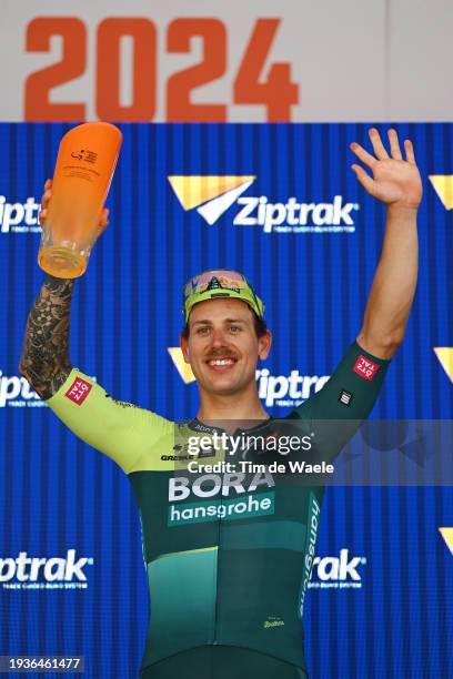 Sam Welsford of Australia and Team BORA - Hansgrohe celebrates at podium as stage winner during the 24th Santos Tour Down Under 2024, Stage 1 a 144km...