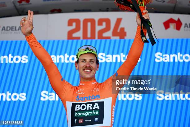 Sam Welsford of Australia and Team BORA - Hansgrohe celebrates at podium as Orange Santos Leader's Jersey winner during the 24th Santos Tour Down...
