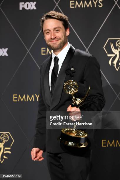 Kieran Culkin, winner of Best Actor in a Drama Series for "Succession," poses in the press room during the 75th Primetime Emmy Awards at Peacock...