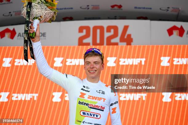 Mads Mihkels of Estonia and Team Intermarche - Wanty celebrates at podium as - White best young jersey winner during the 24th Santos Tour Down Under...