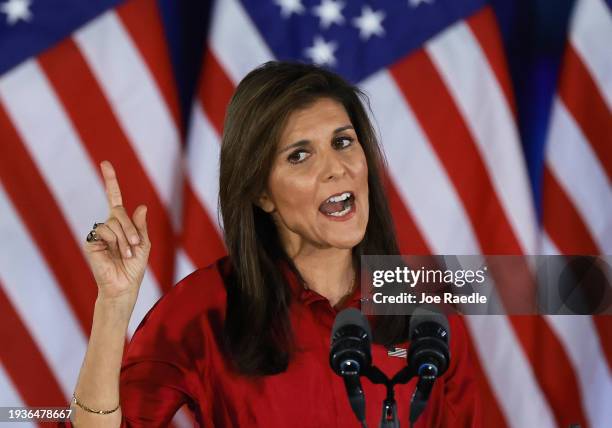 Republican presidential candidate former U.N. Ambassador Nikki Haley speaks at her caucus night event on January 15, 2024 in West Des Moines, Iowa....