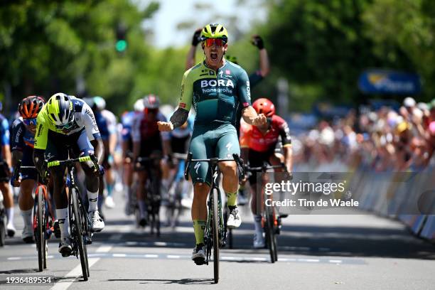 Sam Welsford of Australia and Team BORA - Hansgrohe celebrates at finish line as stage winner during the 24th Santos Tour Down Under 2024, Stage 1 a...