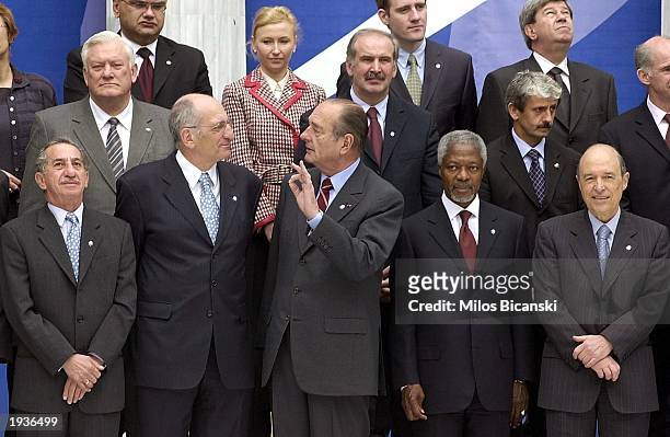 French President Jacques Chirac speaks with President of the Swiss Confederation Pascal Couchepin during the European Conference with the...