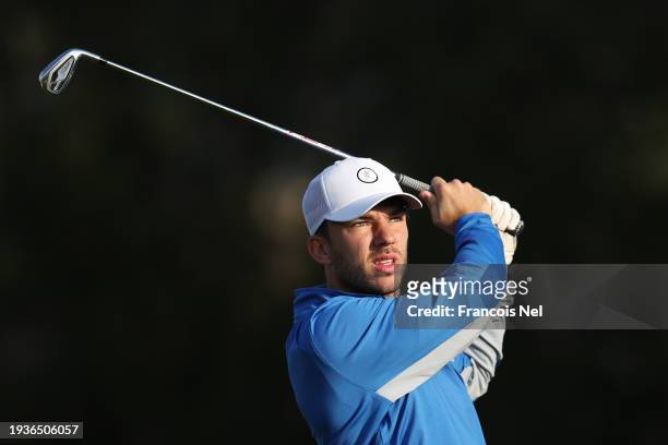 Driver, Pierre Gasly plays a shot during the Pro-Am prior to the Hero Dubai Desert Classic at Emirates Golf Club on January 16, 2024 in Dubai, United...