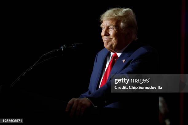 Republican presidential candidate, former U.S. President Donald Trump speaks during his caucus night event at the Iowa Events Center on January 15,...