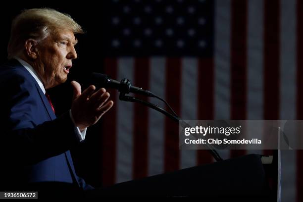 Republican presidential candidate, former U.S. President Donald Trump speaks during his caucus night event at the Iowa Events Center on January 15,...