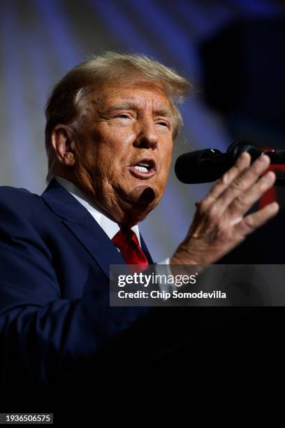 Republican presidential candidate, former U.S. President Donald Trump speaks during his caucus night event at the Iowa Events Center on January 15,...