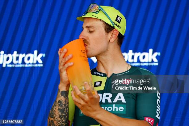 Sam Welsford of Australia and Team BORA - Hansgrohe celebrates at podium as stage winner during the 24th Santos Tour Down Under 2024, Stage 1 a 144km...