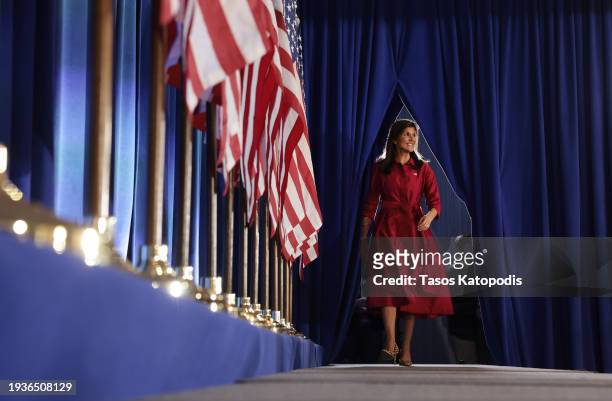 Republican presidential candidate former U.N. Ambassador Nikki Haley walks on stage at her caucus night event on January 15, 2024 in West Des Moines,...