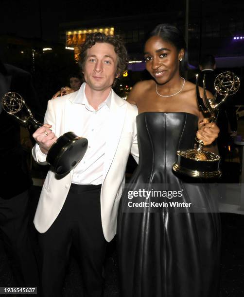 Jeremy Allen White, winner of the Outstanding Lead Actor in a Comedy Series award for “The Bear,” and Ayo Edebiri, winner of the Outstanding...