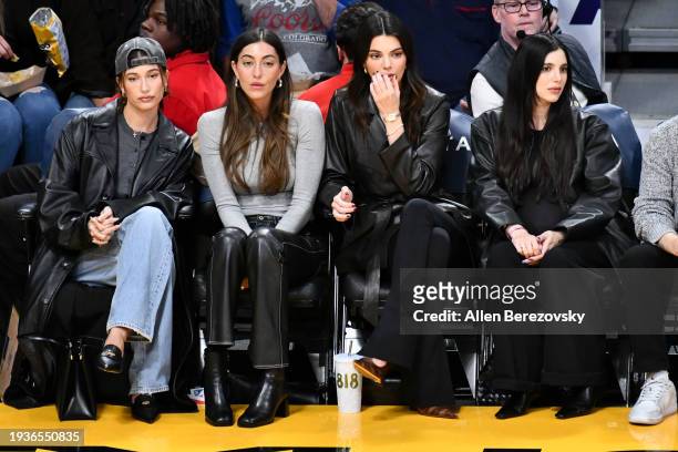 Hailey Bieber, Sarah Staudinger, Kendall Jenner and Lauren Perez attend a basketball game between the Los Angeles Lakers and the Oklahoma City...