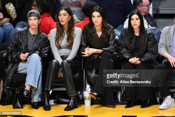 Hailey Bieber, Sarah Staudinger, Kendall Jenner and Lauren Perez attend a basketball game between the Los Angeles Lakers and the Oklahoma City...