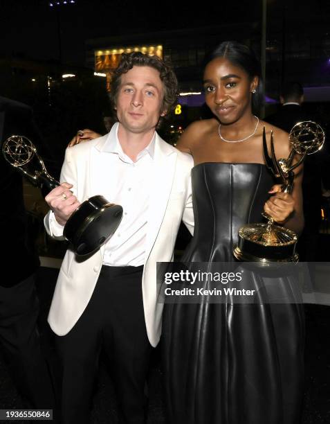 Jeremy Allen White, winner of the Outstanding Lead Actor in a Comedy Series award for “The Bear,” and Ayo Edebiri, winner of the Outstanding...