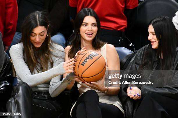 Kendall Jenner attends a basketball game between the Los Angeles Lakers and the Oklahoma City Thunder at Crypto.com Arena on January 15, 2024 in Los...