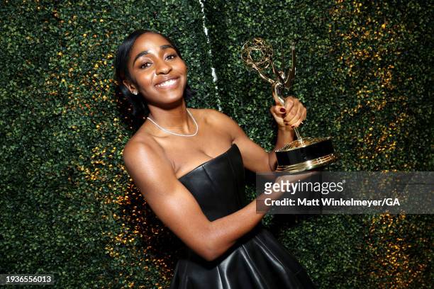 Ayo Edebiri, winner of the award for Outstanding Supporting Actress in a Comedy Series for "The Bear, attends the 75th Primetime Emmy Awards...