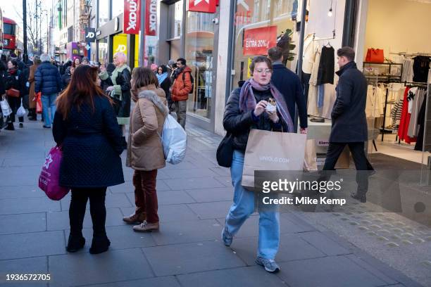 Shoppers and visitors out on Oxford Street following fall in retial sales figures for December on 15th January 2024 in London, United Kingdom. The...