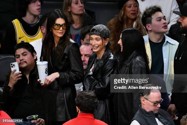 Kendall Jenner and Hailey Bieber attend a basketball game between the Los Angeles Lakers and the Oklahoma City Thunder at Crypto.com Arena on January...