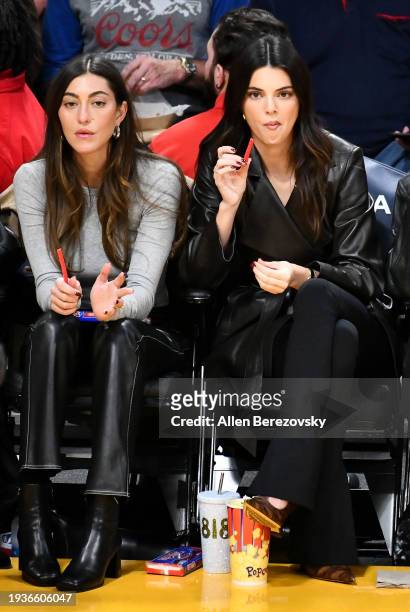 Sarah Staudinger and Kendall Jenner attend a basketball game between the Los Angeles Lakers and the Oklahoma City Thunder at Crypto.com Arena on...