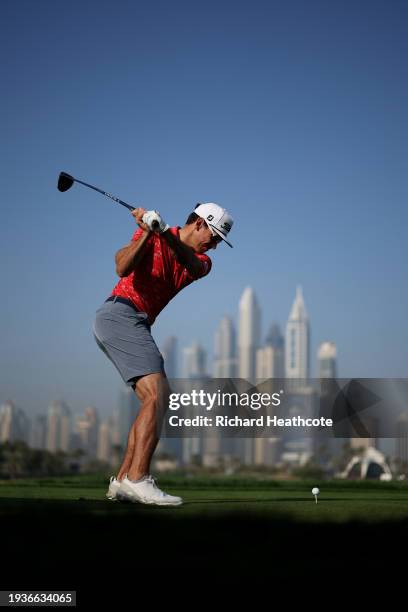 Rafa Cabrera Bello of Spain plays from the 8th tee in a pro-am prior to the Hero Dubai Desert Classic at Emirates Golf Club on January 16, 2024 in...