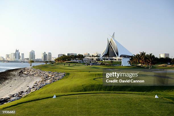 General view of the 18th green and clubhouse at the Dubai Creek Golf and Yacht club on March 6, 2003 in Dubai in the United Arab Emirates.