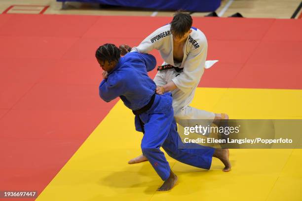 Adam Adanam and Daniel Pacitti competing in the quarter-final of the -81kg category during the Senior British Judo Championships at the English...