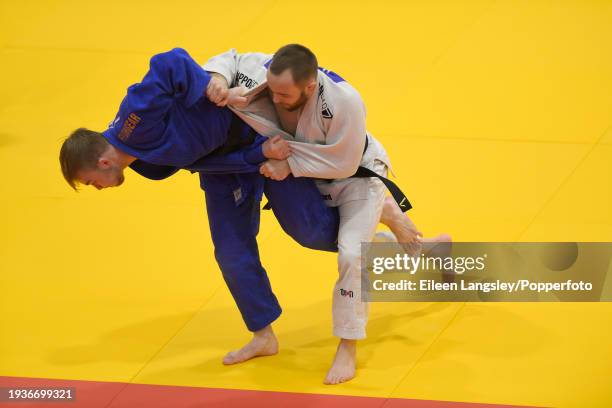 Howard Reece and Samuel Walker competing in the quarter-final of the -60kg category during the Senior British Judo Championships at the English...