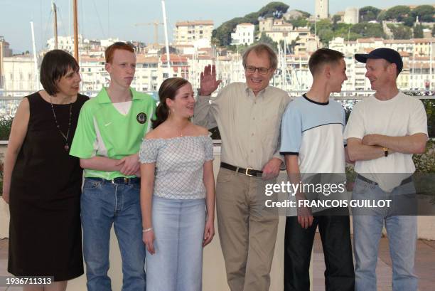 British director Ken Loach poses for photographers with producer Rebecca O'Brien, actors William Ruane, Annmarie Fulton, Martin Compston and...