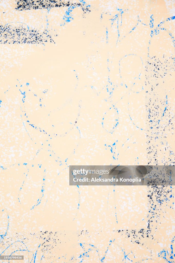 Abstract mix-media Textured Background. Mid-Century mono printed peach beige, blue curvy shapes, handmade ornaments.