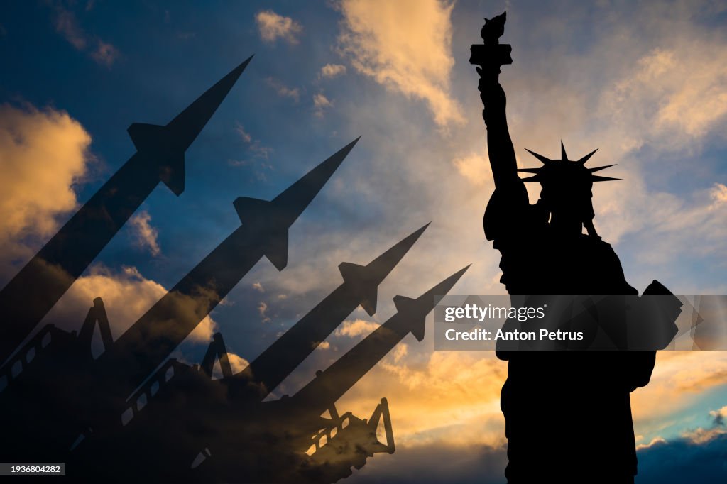 Missile system on the background of Statue of Liberty. USA