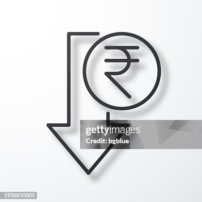Indian rupee decrease. Line icon with shadow on white background Indian rupee decrease. Line icon with shadow on white background