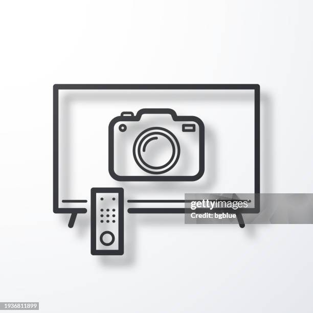 tv with camera. line icon with shadow on white background - camera screen white background stock illustrations