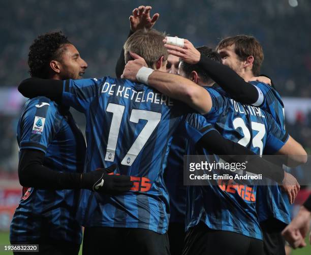 Charles De Ketelaere of Atalanta BC celebrates with teammates after scoring the team's third goal during the Serie A TIM match between Atalanta BC...