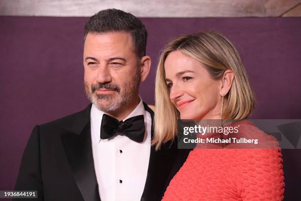 Talk show host Jimmy Kimmel and Molly McNearney attend the Walt Disney Company Emmy Awards party at Otium on January 15, 2024 in Los Angeles,...