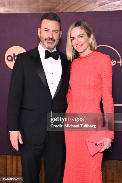 Talk show host Jimmy Kimmel and Molly McNearney attend the Walt Disney Company Emmy Awards party at Otium on January 15, 2024 in Los Angeles,...