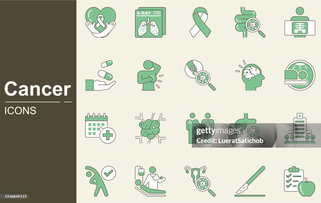Cancer icon set. breast cancer, Mammography, Hematology, hematologist, blood, hemoglobin, cells, treatment, radiation therapy, targeted therapy, medical, Endometrial Cancer, pancreas, lungs, liver