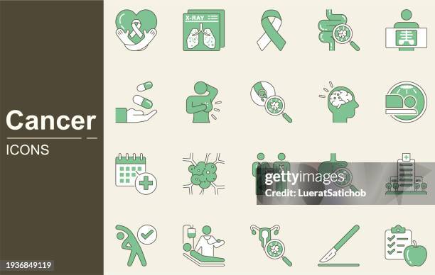 cancer icon set. breast cancer, mammography, hematology, hematologist, blood, hemoglobin, cells, treatment, radiation therapy, targeted therapy, medical, endometrial cancer, pancreas, lungs, liver - brain cancer stock illustrations